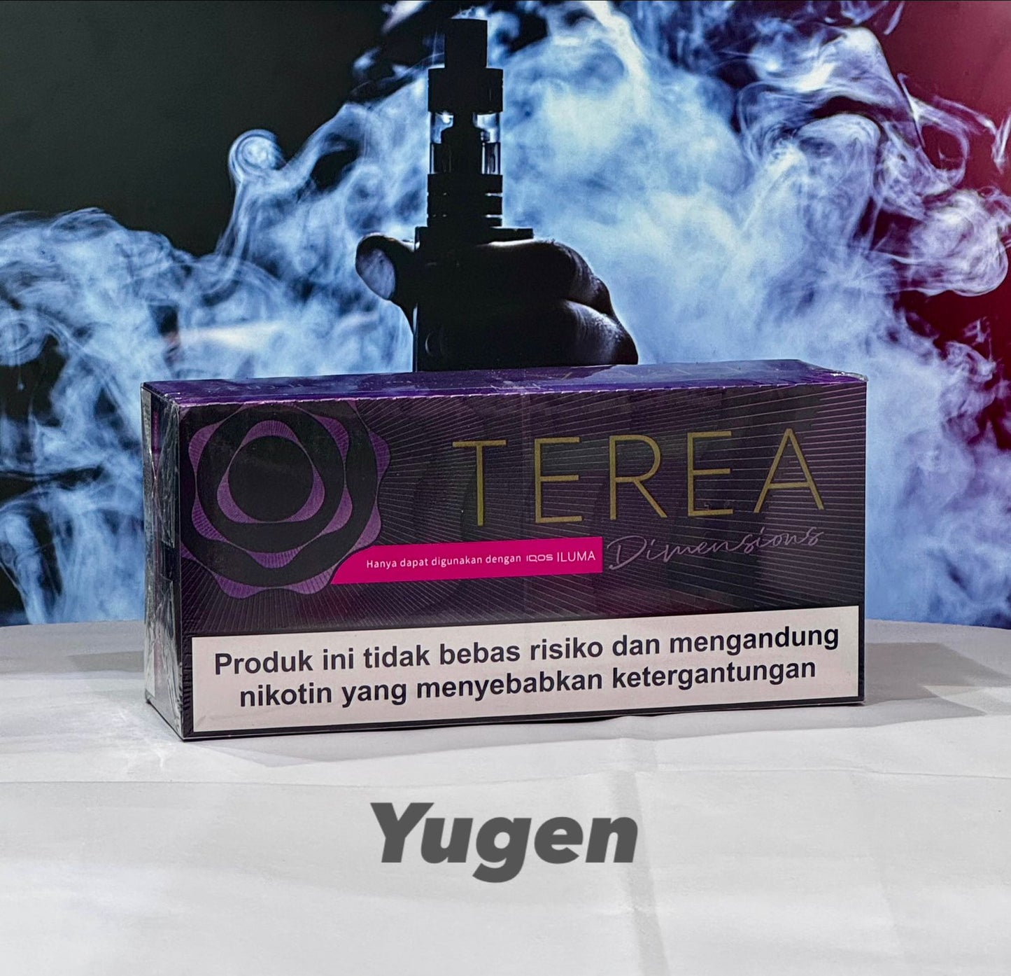 TEREA Indonesia Sticks Yugen flavor for IQOS ILUMA with smoke effects in the background