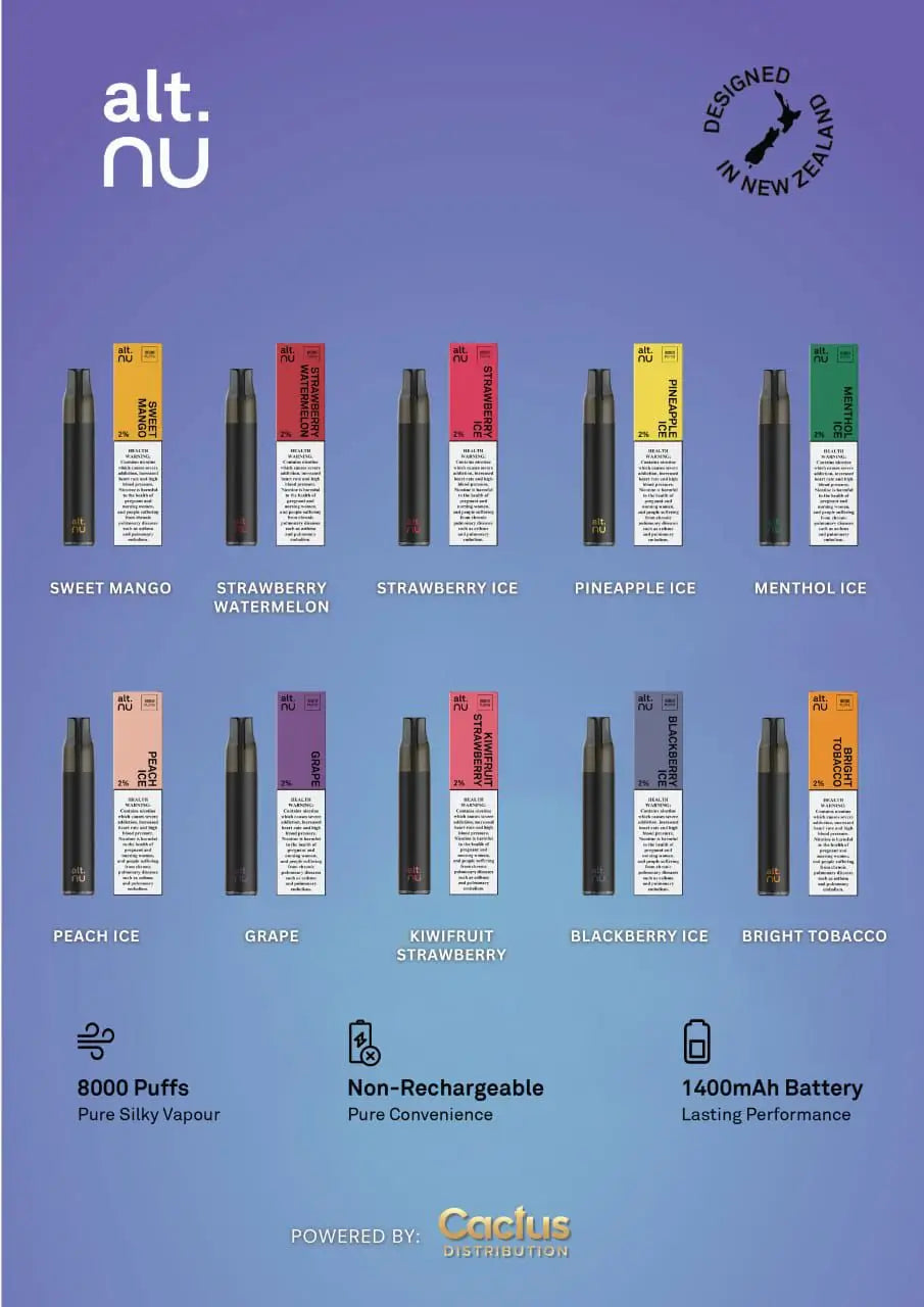 ALT NU 8000 Puffs Disposable Vape 20mg devices multiple flavor options on a purple gradient bg