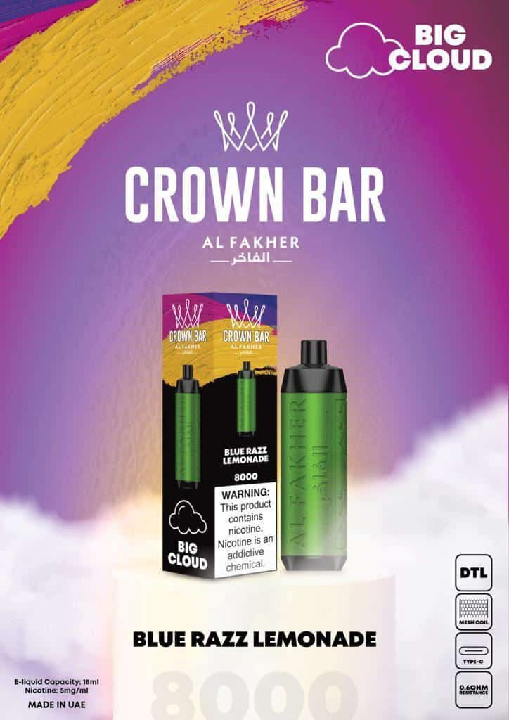 Al Fakher Crown Bar 8000 Puffs Disposable Vape 50mg Nicotine Blue Razz Lemonade Flavors