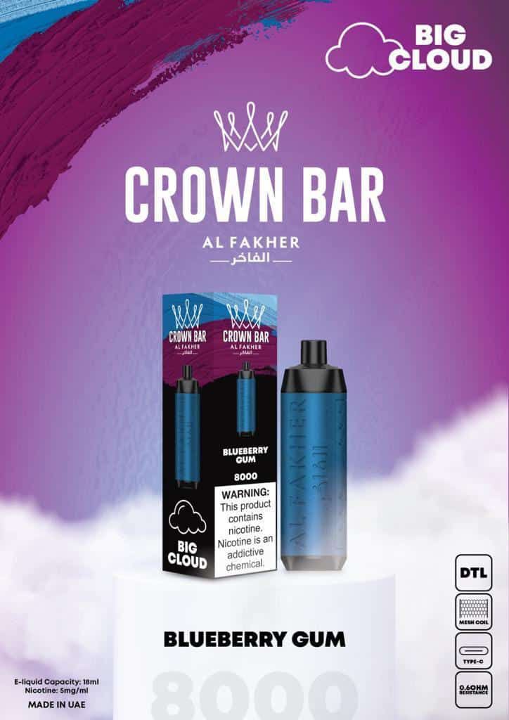 Al Fakher Crown Bar 8000 Puffs Disposable Vape 50mg Nicotine Blueberry Gum Flavors