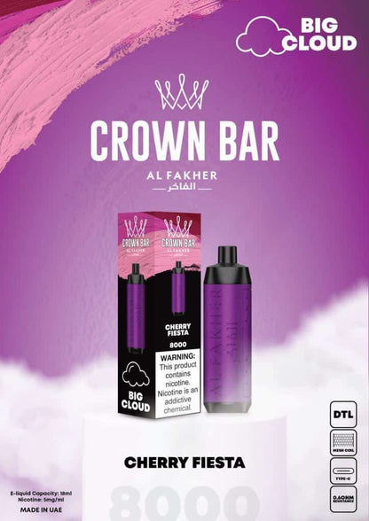 Al Fakher Crown Bar 8000 Puffs Disposable Vape 50mg Nicotine Cherry Fiesta Flavors