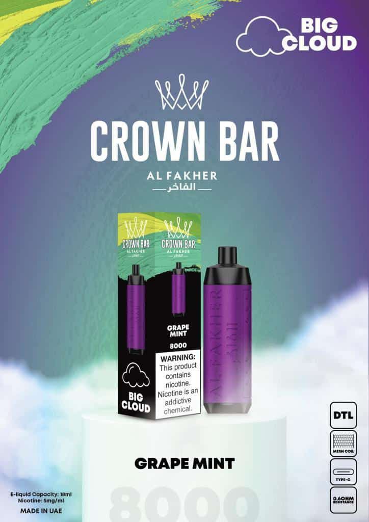 Al Fakher Crown Bar 8000 Puffs Disposable Vape 50mg Nicotine Grape Mint Flavors