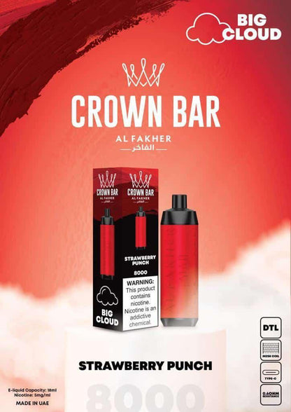 Al Fakher Crown Bar 8000 Puffs Disposable Vape 50mg Nicotine Strawberry Punch Flavors