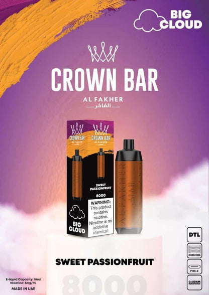 Al Fakher Crown Bar 8000 Puffs Disposable Vape 50mg Nicotine Sweet Passionfruit Flavors