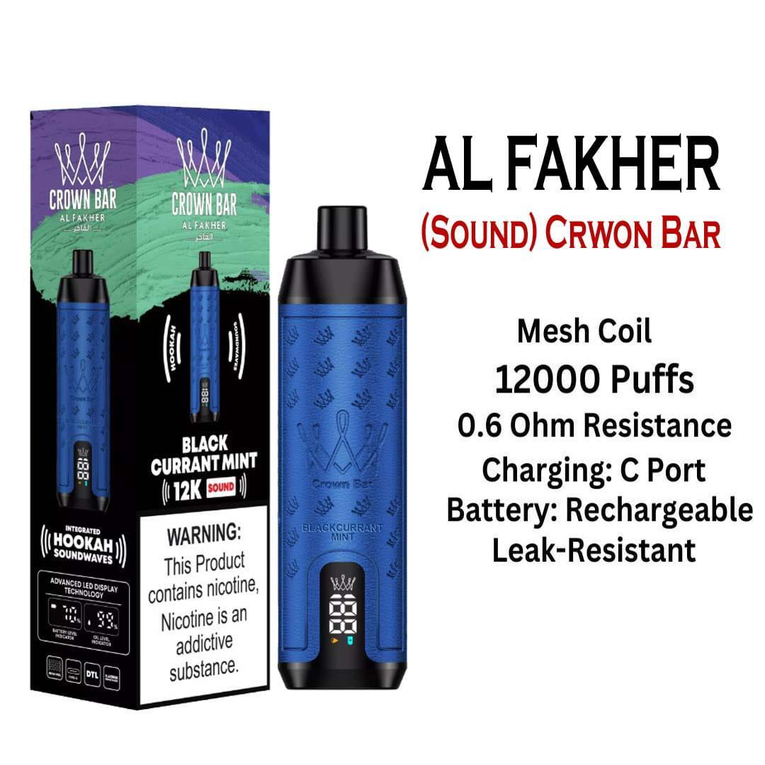 Al Fakher Crown Bar Sounds 12000 Puffs Disposable Vape Black Currant Mint Flavor