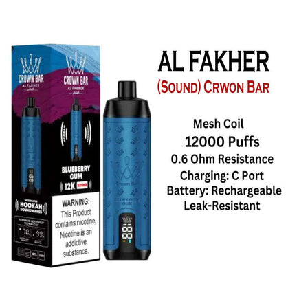 Al Fakher Crown Bar Sounds 12000 Puffs Disposable Vape Blueberry Gum Flavor