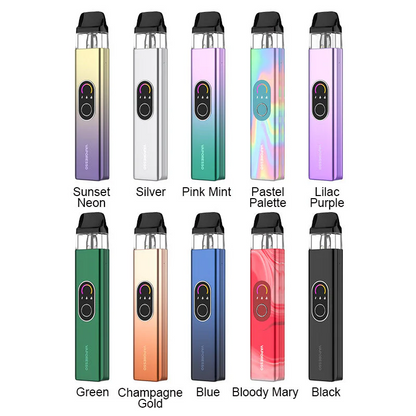 Assorted colors of Vaporesso XROS 4 Pod System Kit device with color names below each device