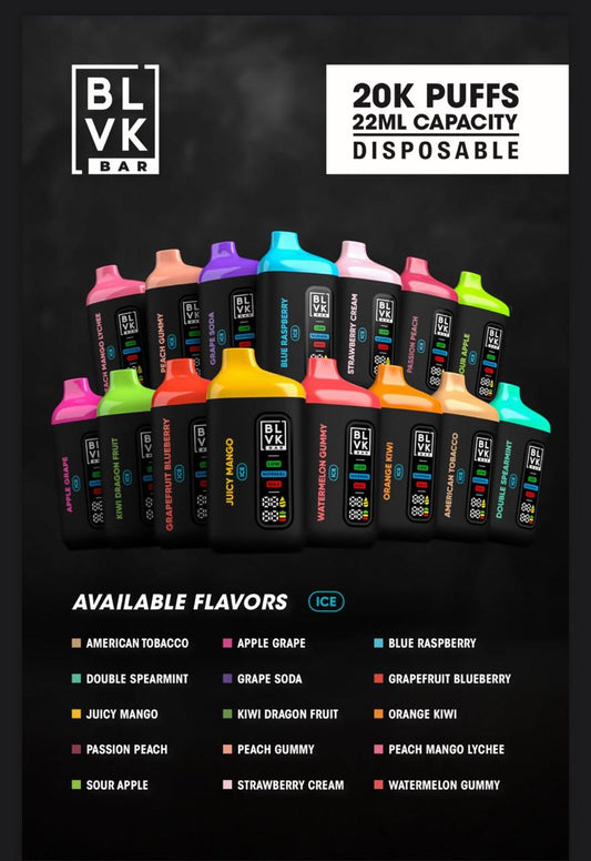 BLVK Bar 20000 Puff Disposable Vape Device All Flavors Chart