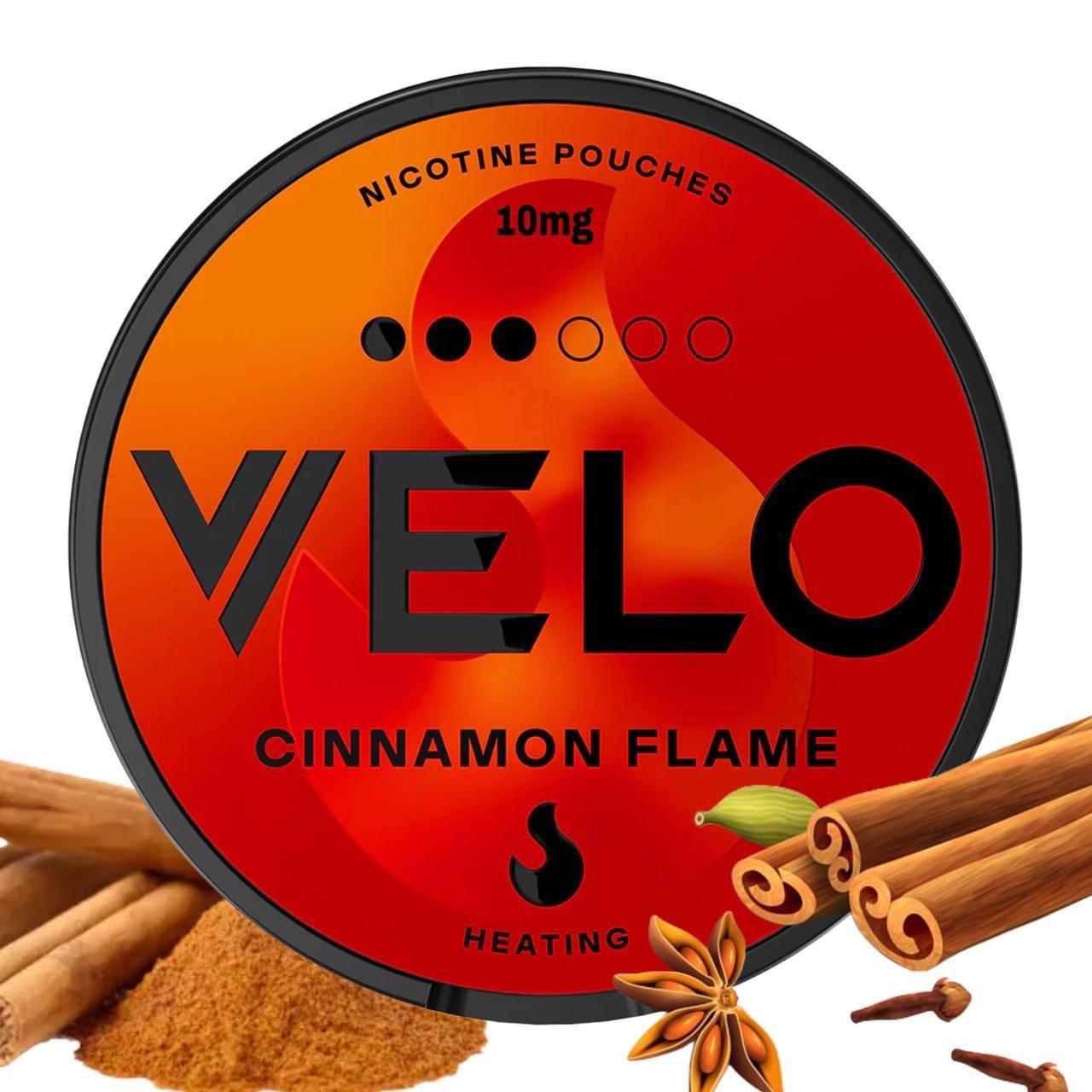 WELO nicotine pouches packaging with cinnamon flame flavor on a white background
