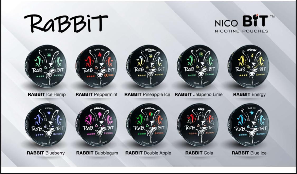 Display of various 'Rabbit' and 'Nico Bit' nicotine pouches with all flavors