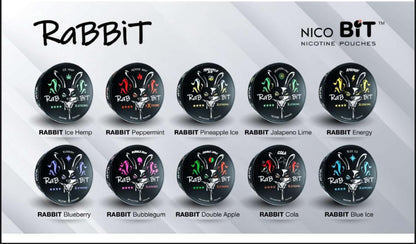 Display of various 'Rabbit' and 'Nico Bit' nicotine pouches with all flavors