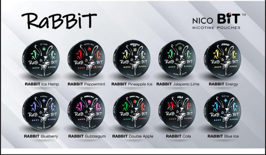 Display of various 'Rabbit' and 'Nico Bit' nicotine pouches with all flavors