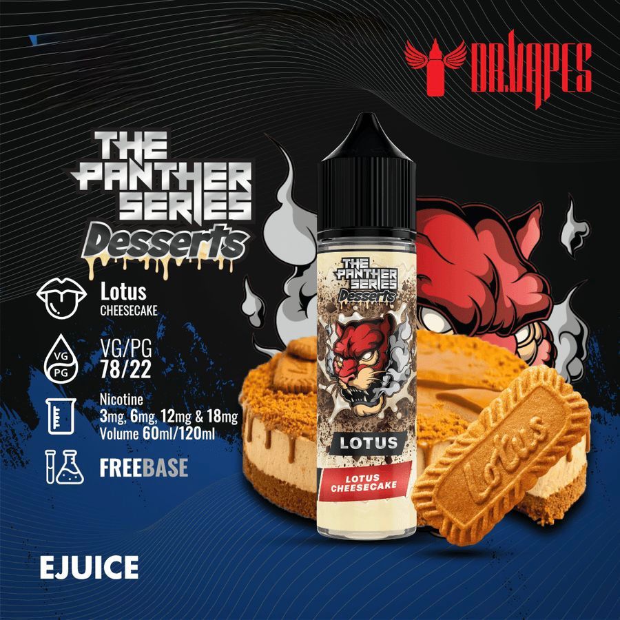 Dr Vapes 60ml & 120ml Panther Series e-liquid bottle Lotus Cheescake flavor