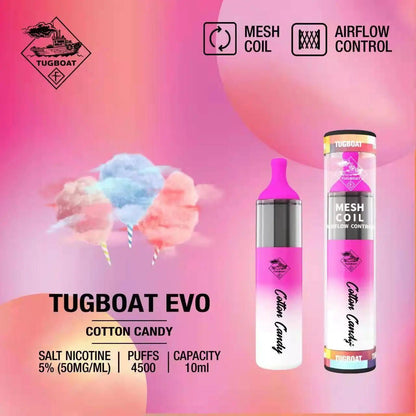 Tugboat EVO 4500 Puffs Disposable Vape Cotton Candy flavor with on a pink gradient bg