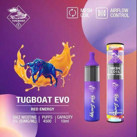 Tugboat EVO 4500 Puffs Disposable Vape Red Energy flavor device with mesh coil & airflow control