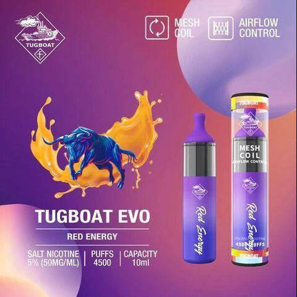 Tugboat EVO 4500 Puffs Disposable Vape Red Energy flavor device with mesh coil & airflow control