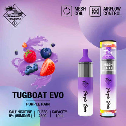 Tugboat EVO 4500 Puffs Disposable Vape Purple Plan flavor device with mesh coil & airflow control