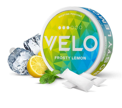 VELO Frosty Lemon product packaging with lemon, ice cubes, and mint leaves on a white background