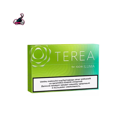 IQOS TEREA Uzbekistan Green Zing flavor pack on a white background