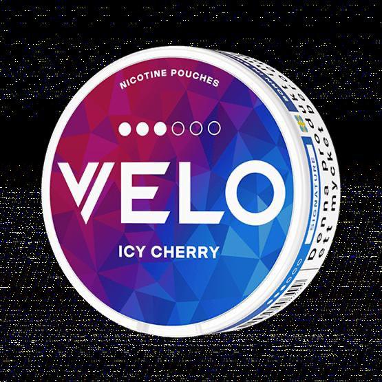Velo Nicotine Pouches packaging Icy Cherry flavor with colorful design on a black background