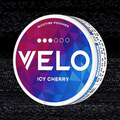Velo Nicotine Pouches packaging Icy Cherry flavor with colorful design on a black background