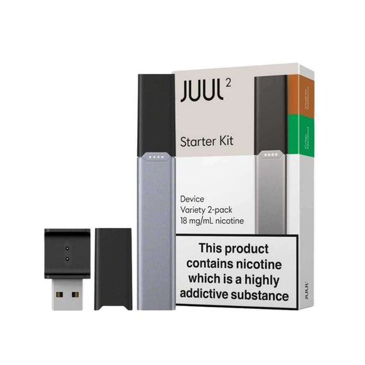 Juul 2 Starter Kit packaging with device and USB cable on a white background