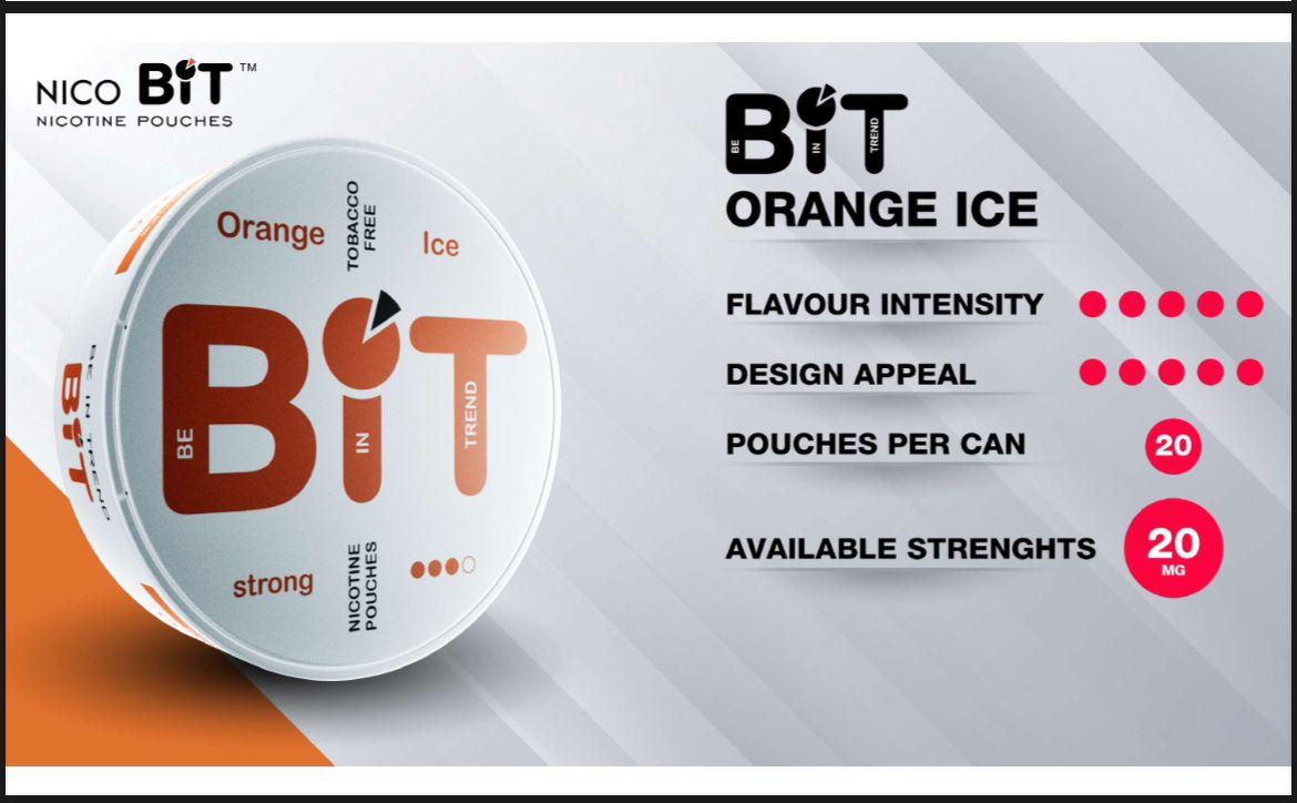 Nico Bit Orange Ice nicotine pouches packaging with product details on a gray background