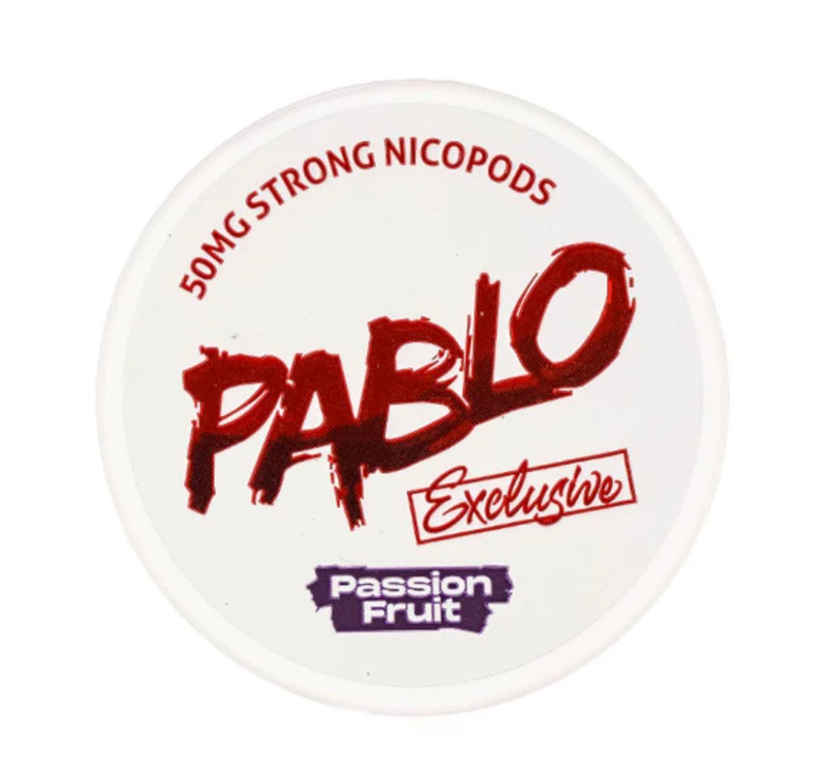 Pablo Nicotine Pouches Passion Fruit flavor 50mg Strong Nicopods Container on a white bg