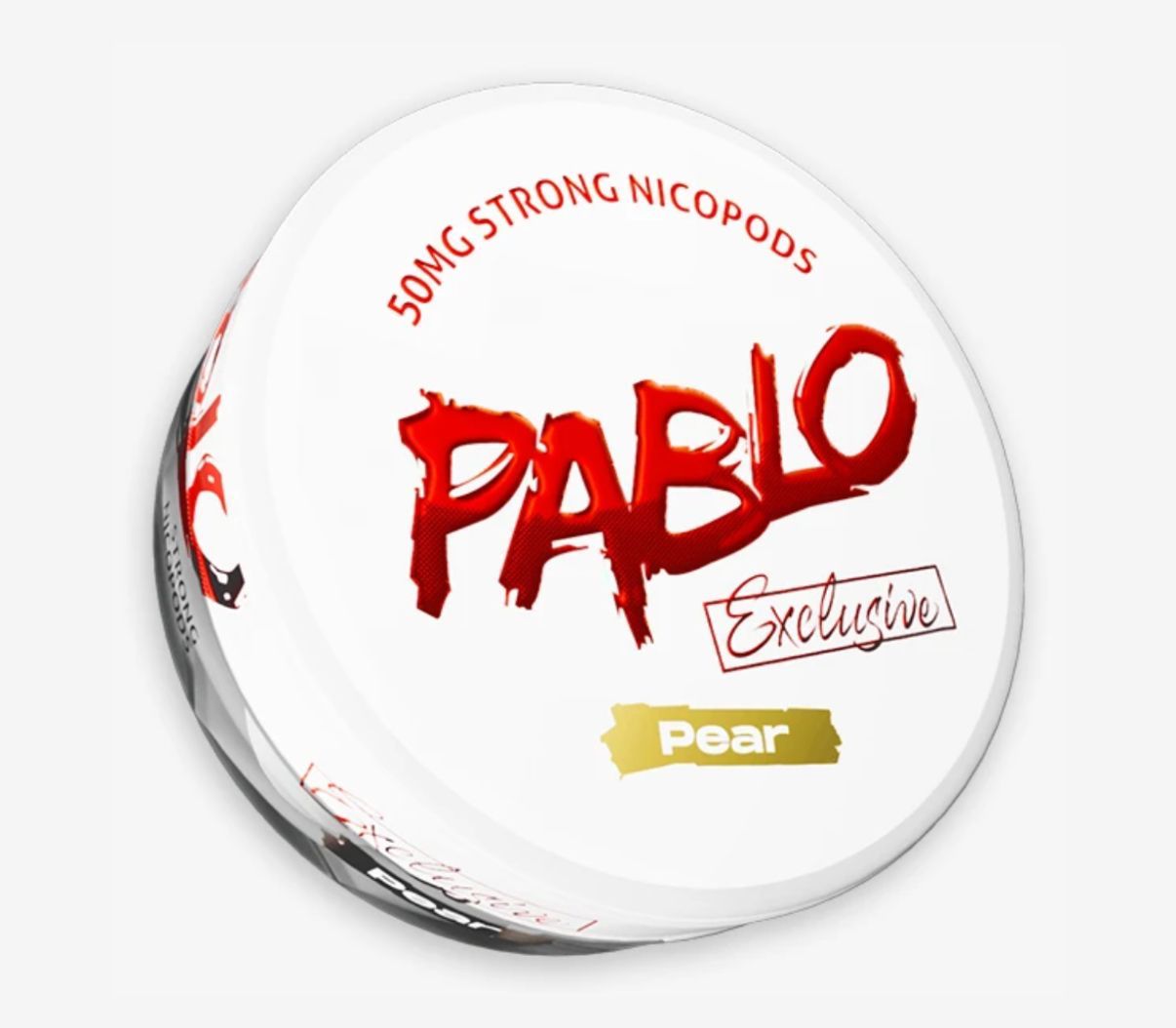 Pablo Nicotine Pouches Pear flavor 50mg Strong Nicopods Container on a white bg