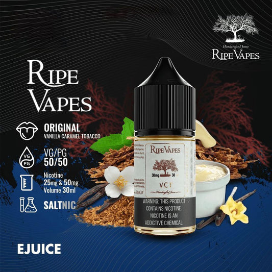 Ripe Vapes VCT Salt Nic 30ml e-liquid bottle with vanilla and tobacco elements on a dark background
