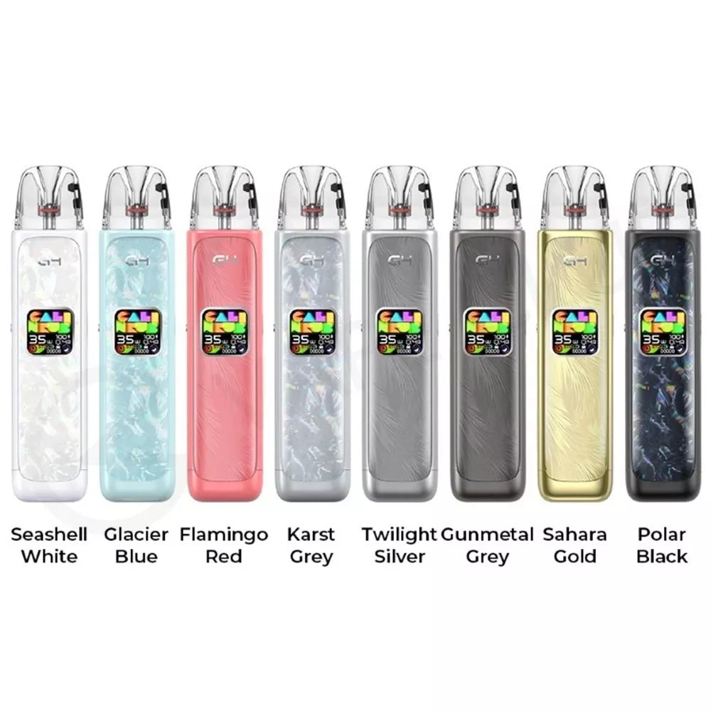 Row of Uwell Caliburn G4 Pod System devices in various colors on a white background