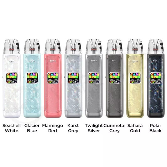 Row of Uwell Caliburn G4 Pod System devices in various colors on a white background