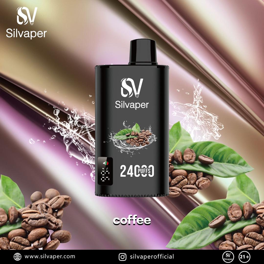 Silvaper 24000 Puffs Disposable Vape with coffee theme and beans on a gradient background