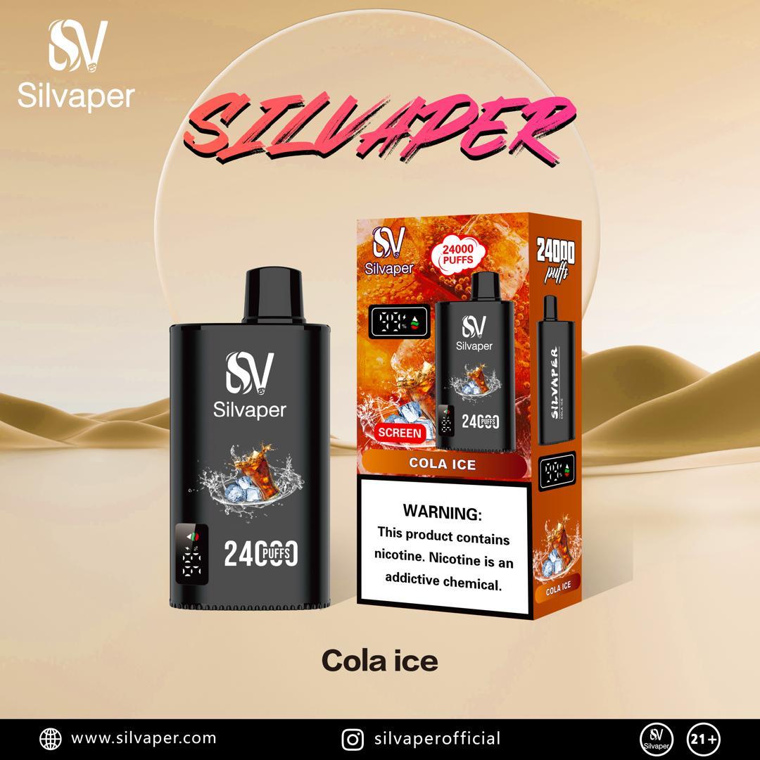 Silvaper 24000 Puffs Disposable Vape with cola ice flavor on a desert background