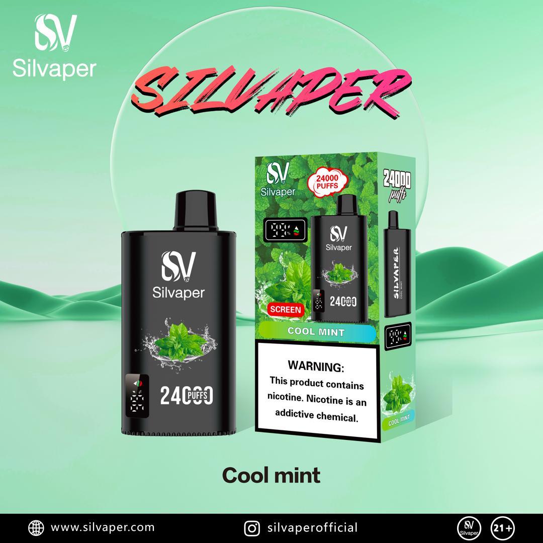 Silvaper 24000 Puffs Disposable Vape with cool mint flavor packaging on a green background