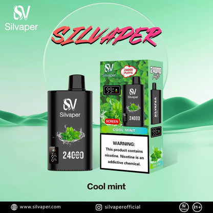 Silvaper 24000 Puffs Disposable Vape with cool mint flavor packaging on a green background