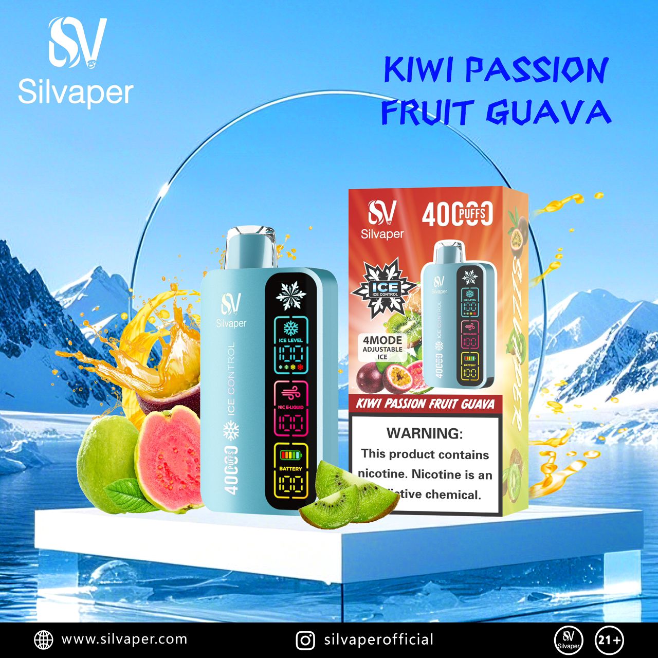Silvaper 40000 Puffs Disposable Vape Kiwi Passion Fruit Guava flavor device