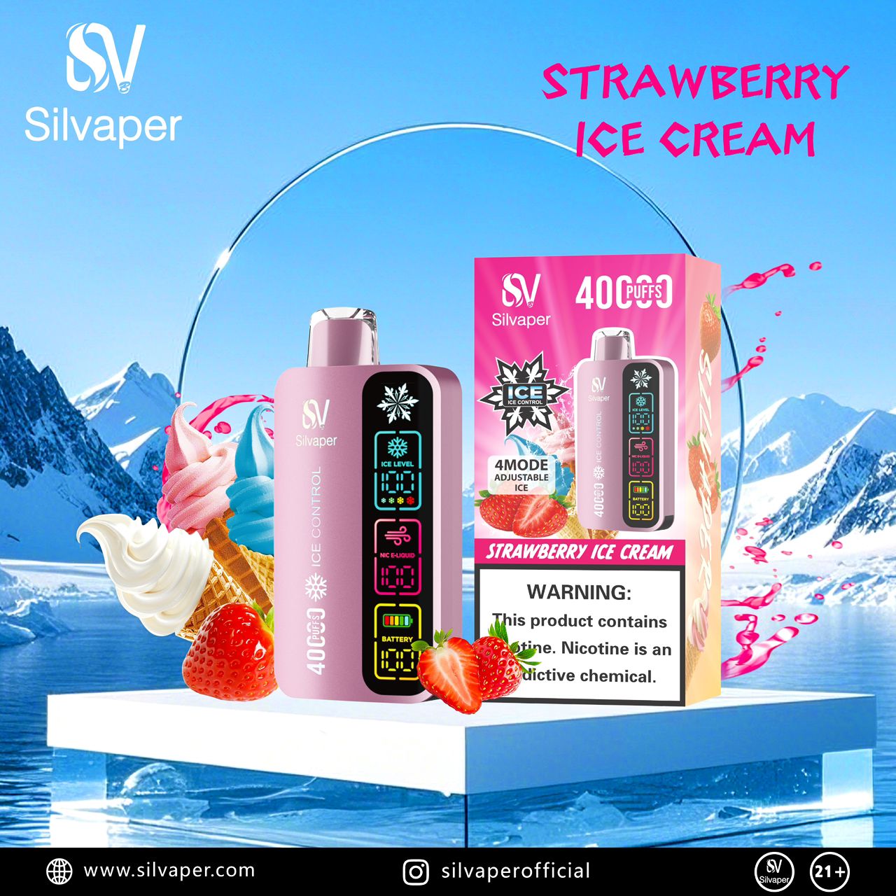 Silvaper 40000 Puffs Disposable Vape Strawberry Ice Cream flavor device