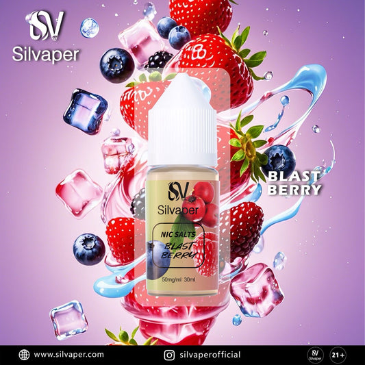 Silvaper Blast Berry flavor vape juice bottle berries and ice cubes on a purple bg