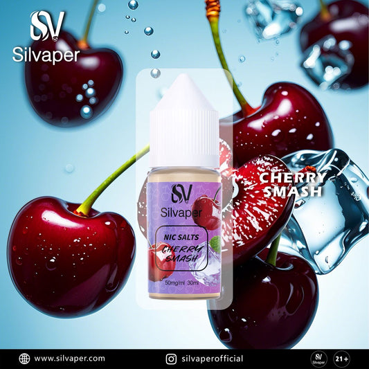Silvaper Salt Nicotine 50mg 30ml E-liquid Cherry Smash flavor vape juice bottle on a blue bg