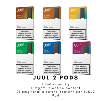 Six different flavors of JUUL 2 pods with different flavors on a white background