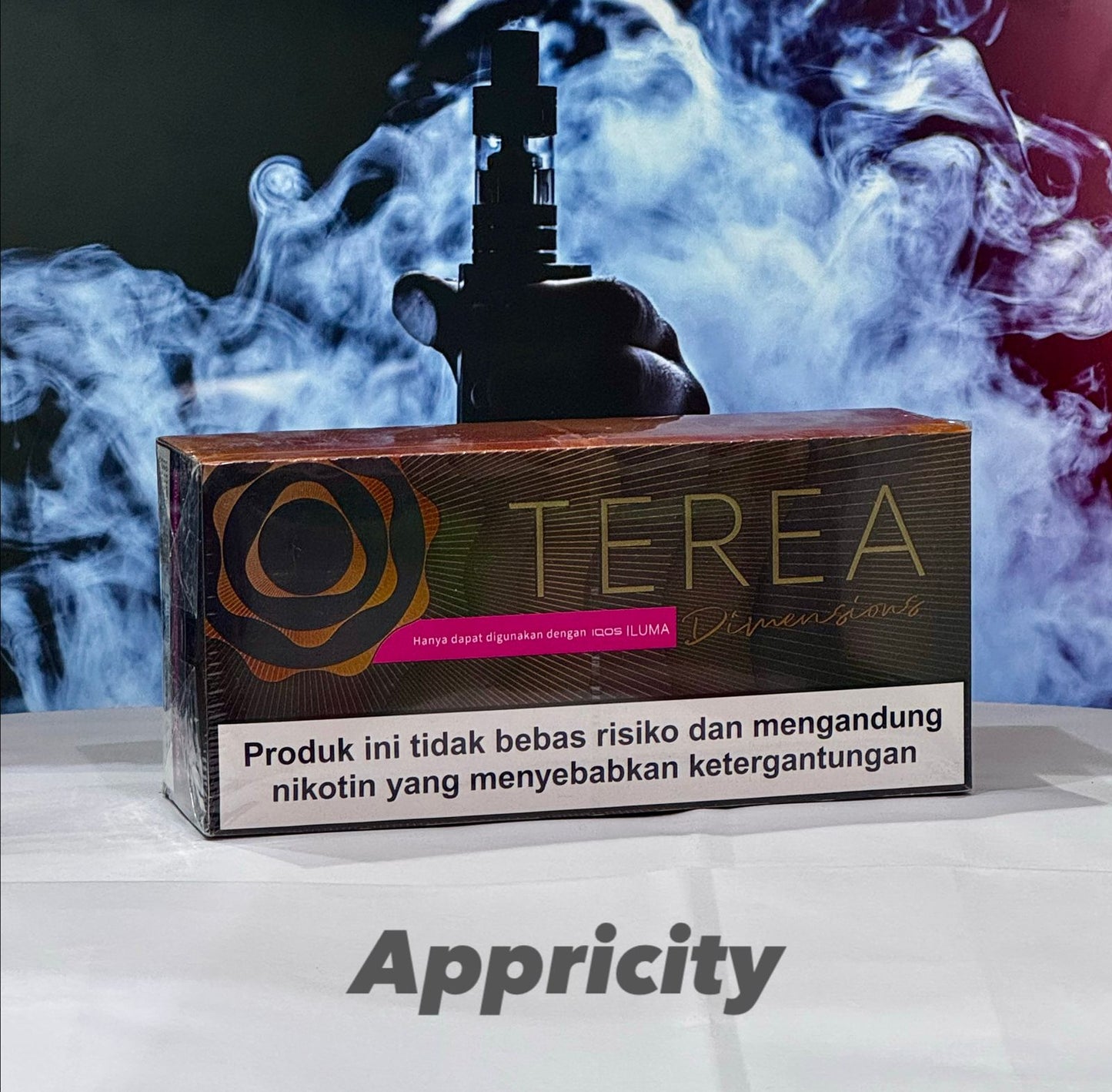 TEREA Indonesia Sticks Appricity flavor for IQOS ILUMA with smoke effects in the background