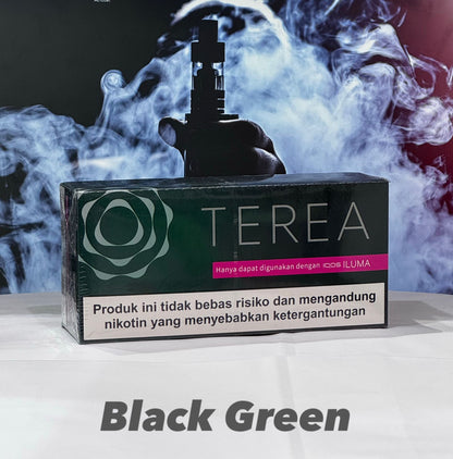 TEREA Indonesia Sticks Black Green flavor for IQOS ILUMA with smoke effects in the background