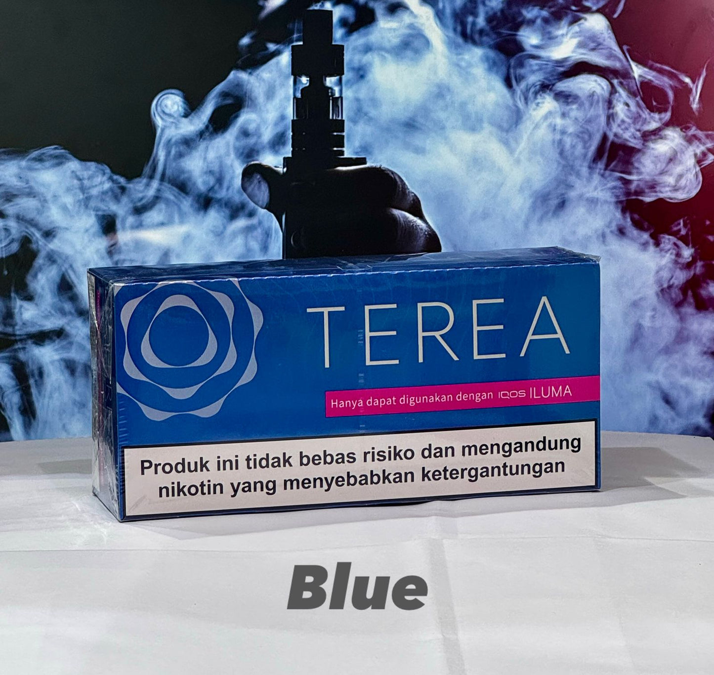 TEREA Indonesia Sticks Blue flavor for IQOS ILUMA with smoke effects in the background