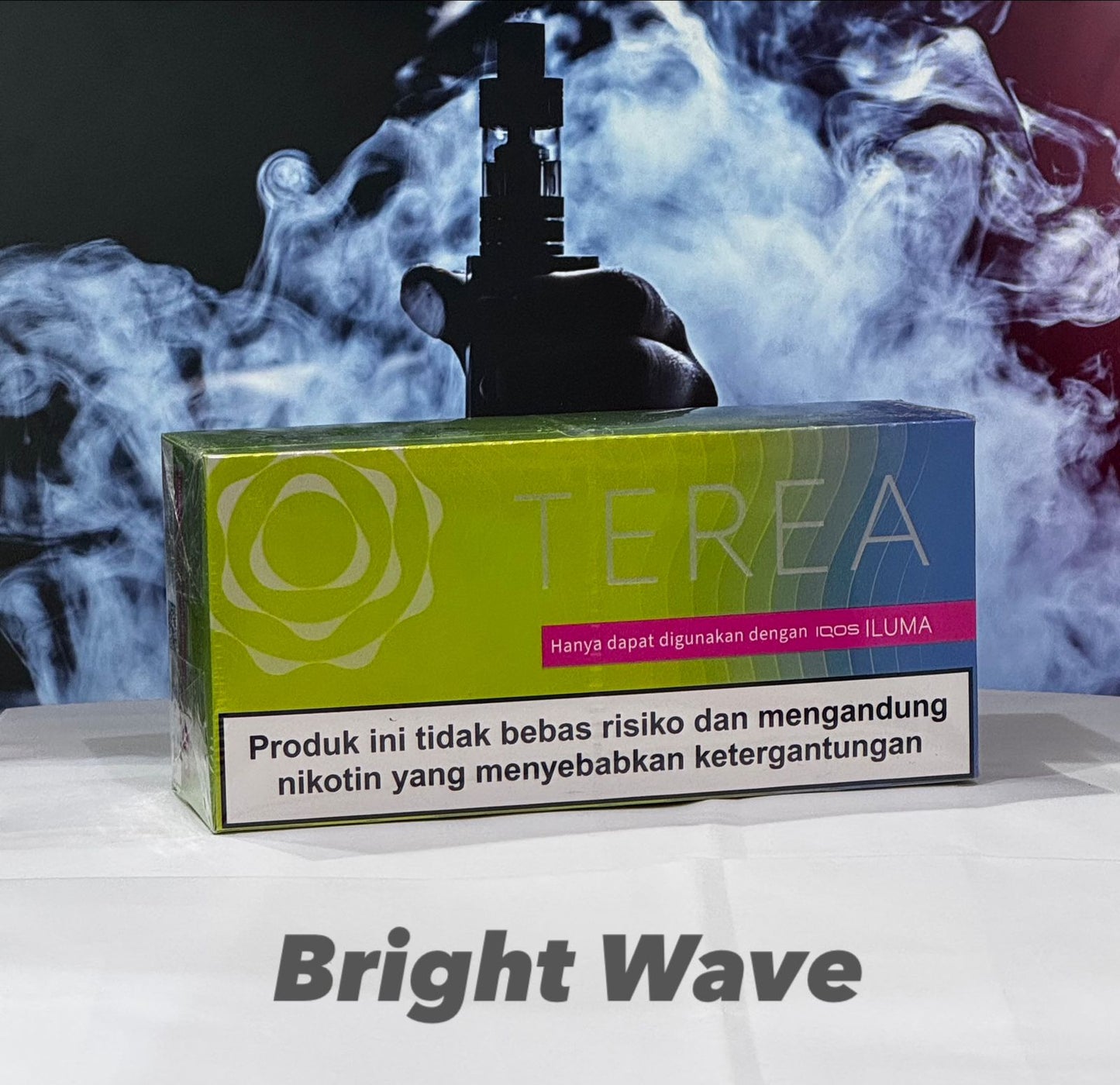 TEREA Indonesia Sticks Bright Wave flavor for IQOS ILUMA with smoke effects in the background