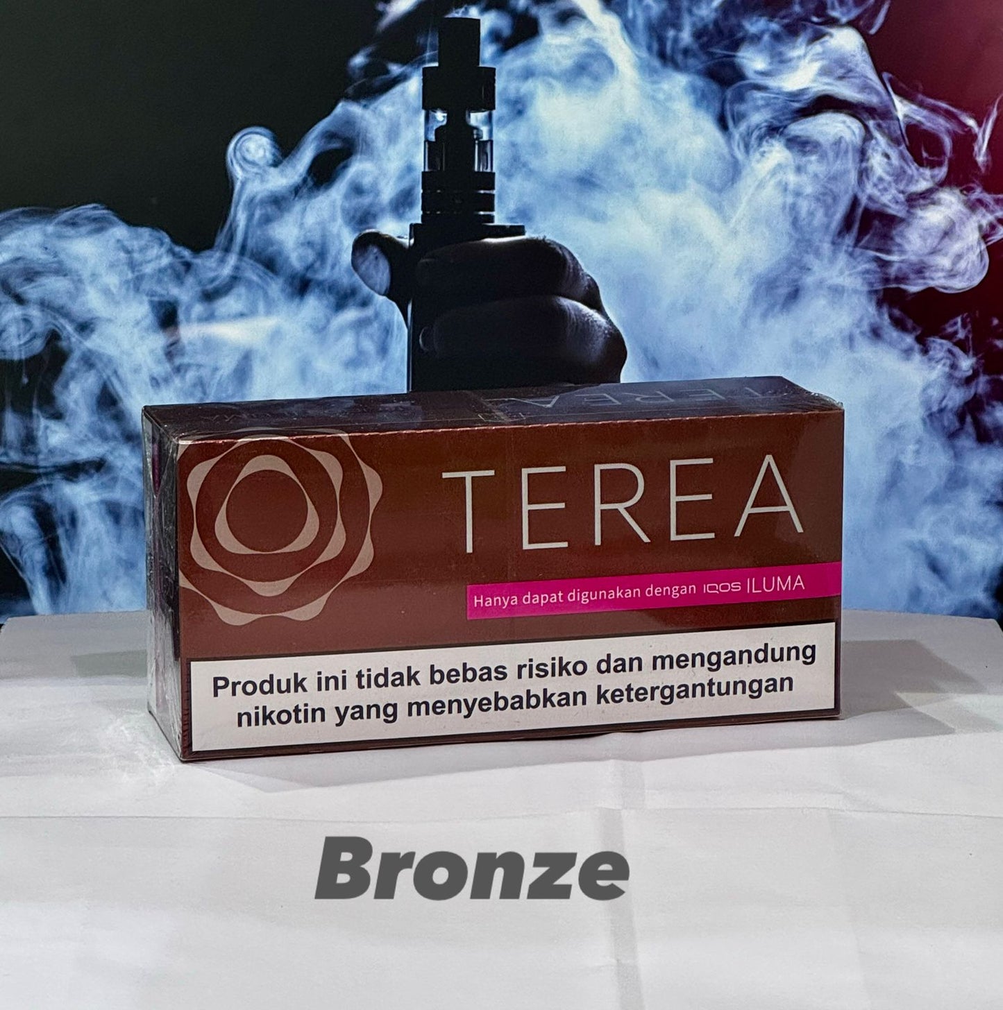 TEREA Indonesia Sticks Bronze flavor for IQOS ILUMA with smoke effects in the background