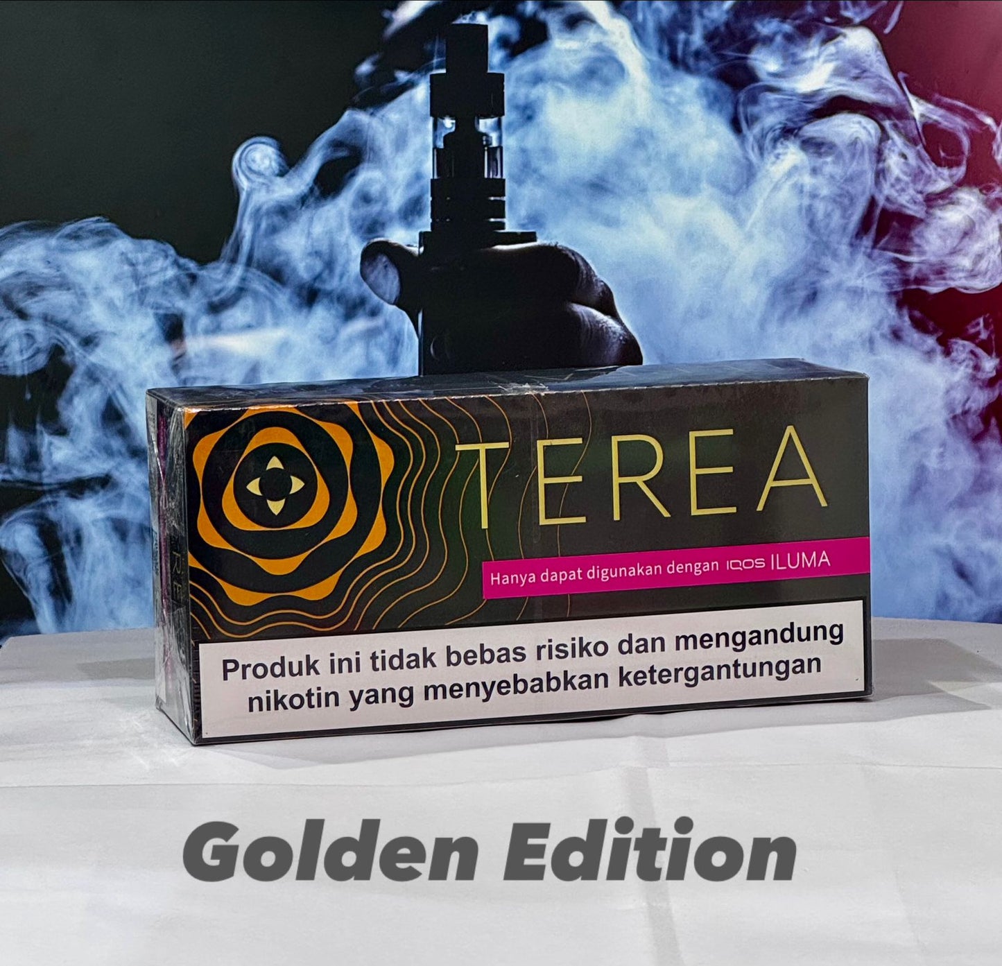 TEREA Indonesia Sticks Golden Edition flavor for IQOS ILUMA with smoke effects in the background