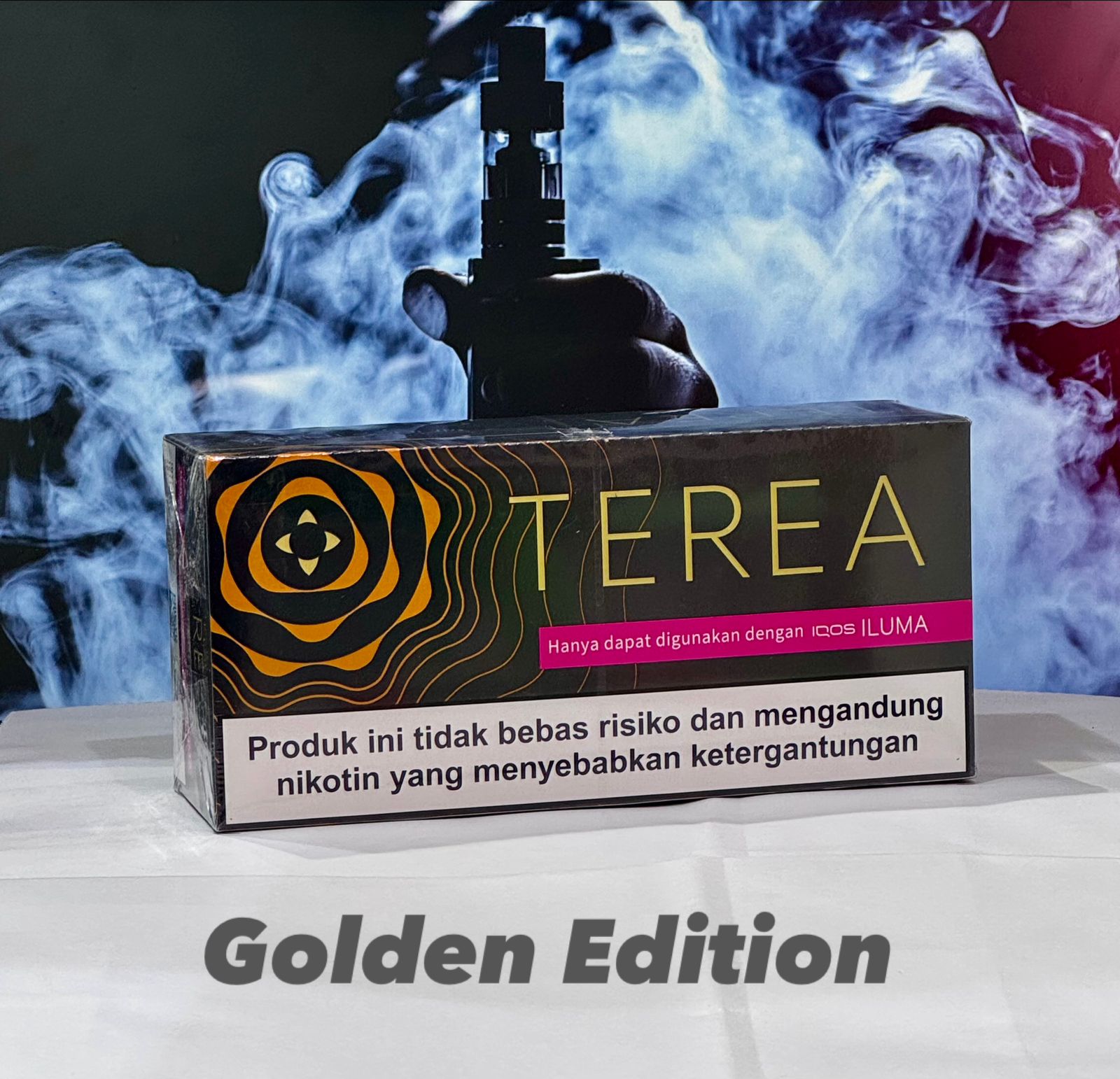TEREA Indonesia Sticks Golden Edition flavor for IQOS ILUMA with smoke effects in the background