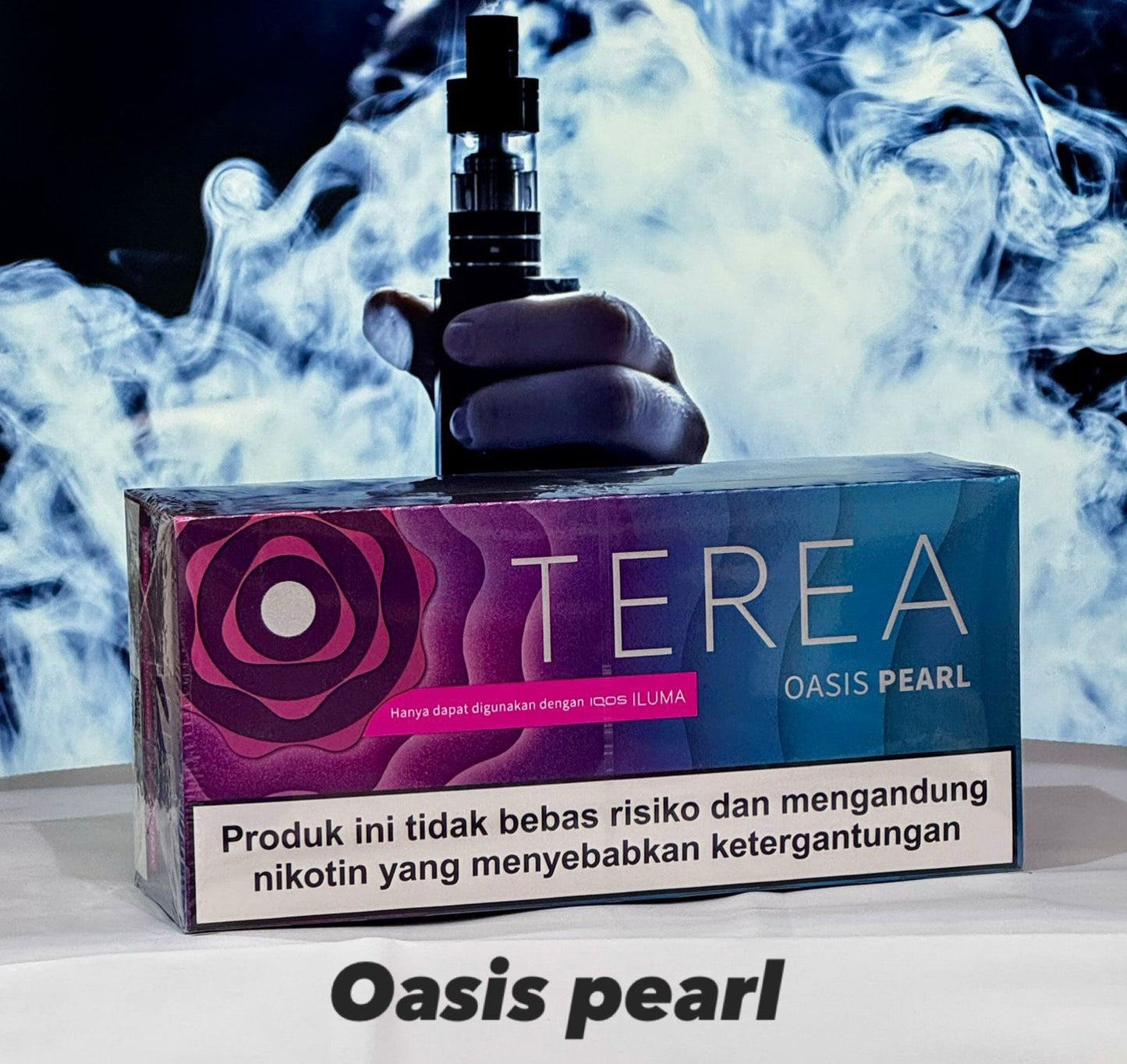 TEREA Indonesia Sticks Oasis Pearl flavor for IQOS ILUMA with smoke effects in the background