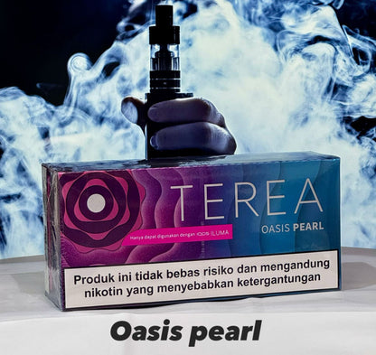 TEREA Indonesia Sticks Oasis Pearl flavor for IQOS ILUMA with smoke effects in the background